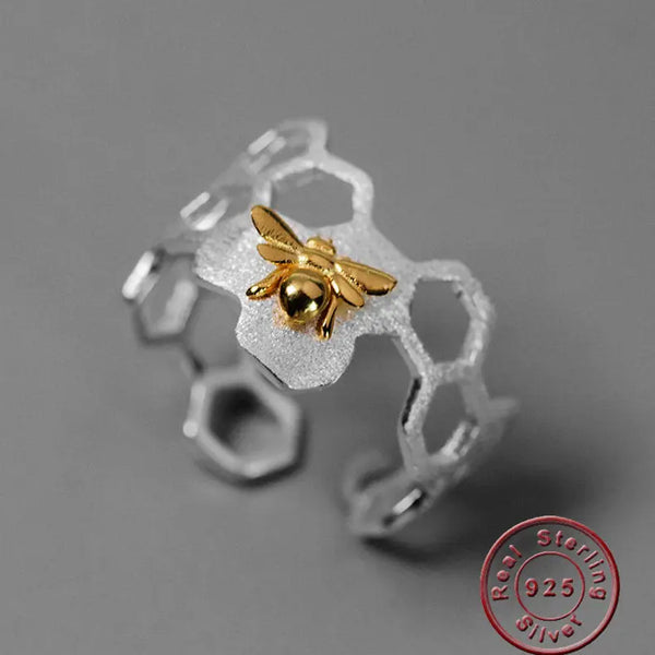 Amxiu 925 Sterling Silver Handmade Jewelry Adjustable Open Ring Gold Bee Honeycomb Rings for Women Bijoux Party Gift Accessories - Memoriex 