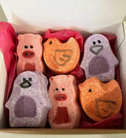 Animal Crackers Bath Bombs in an Eco-Kraft Brown Gift Box with Paper Ribbon, 6 Animal Bath Bombs - Memoriex 