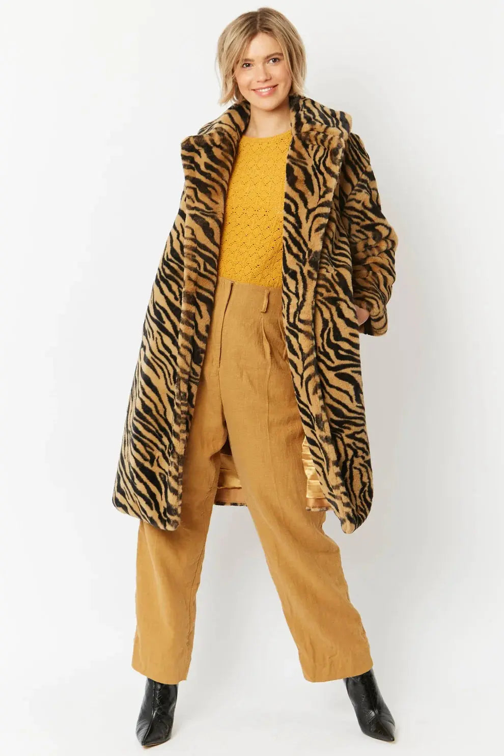 Animal Print Faux Fur Midi Shaved Shearling Coat-1