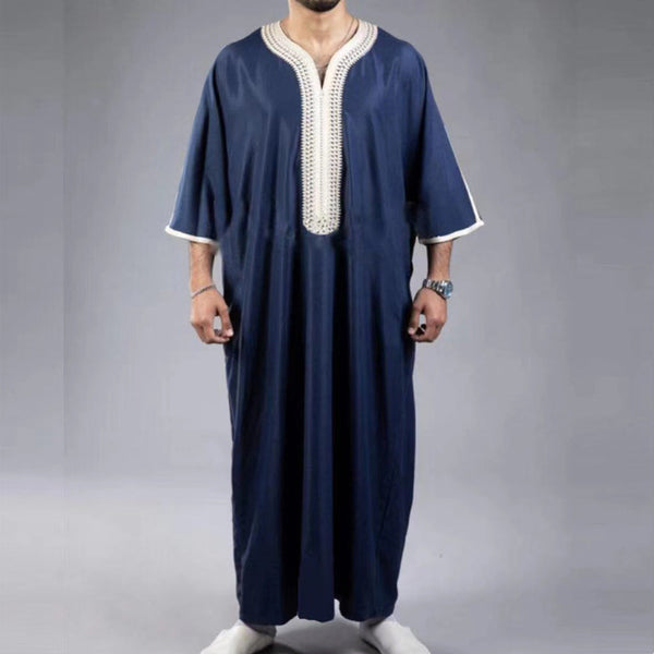 Arabic Robe Mid Short Sleeve Embroidered Navy Blue Men - Memoriex 