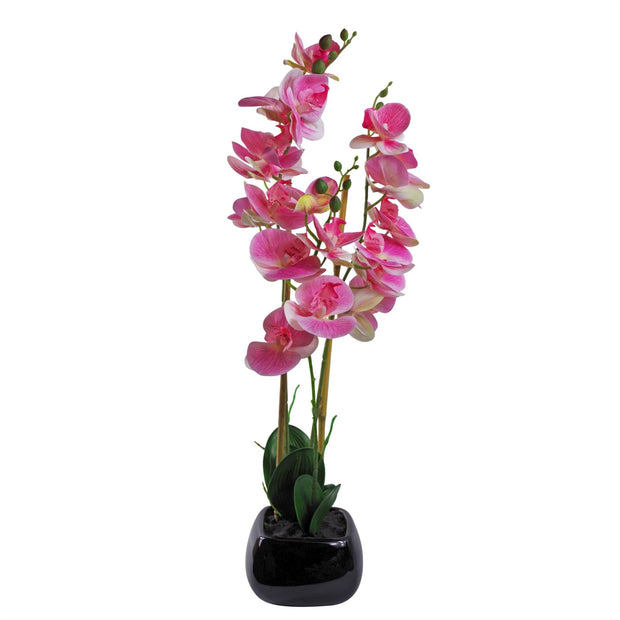 Artificial Orchid Flower Plant 70cm Pink Black Ceramic Planter - Memoriex 