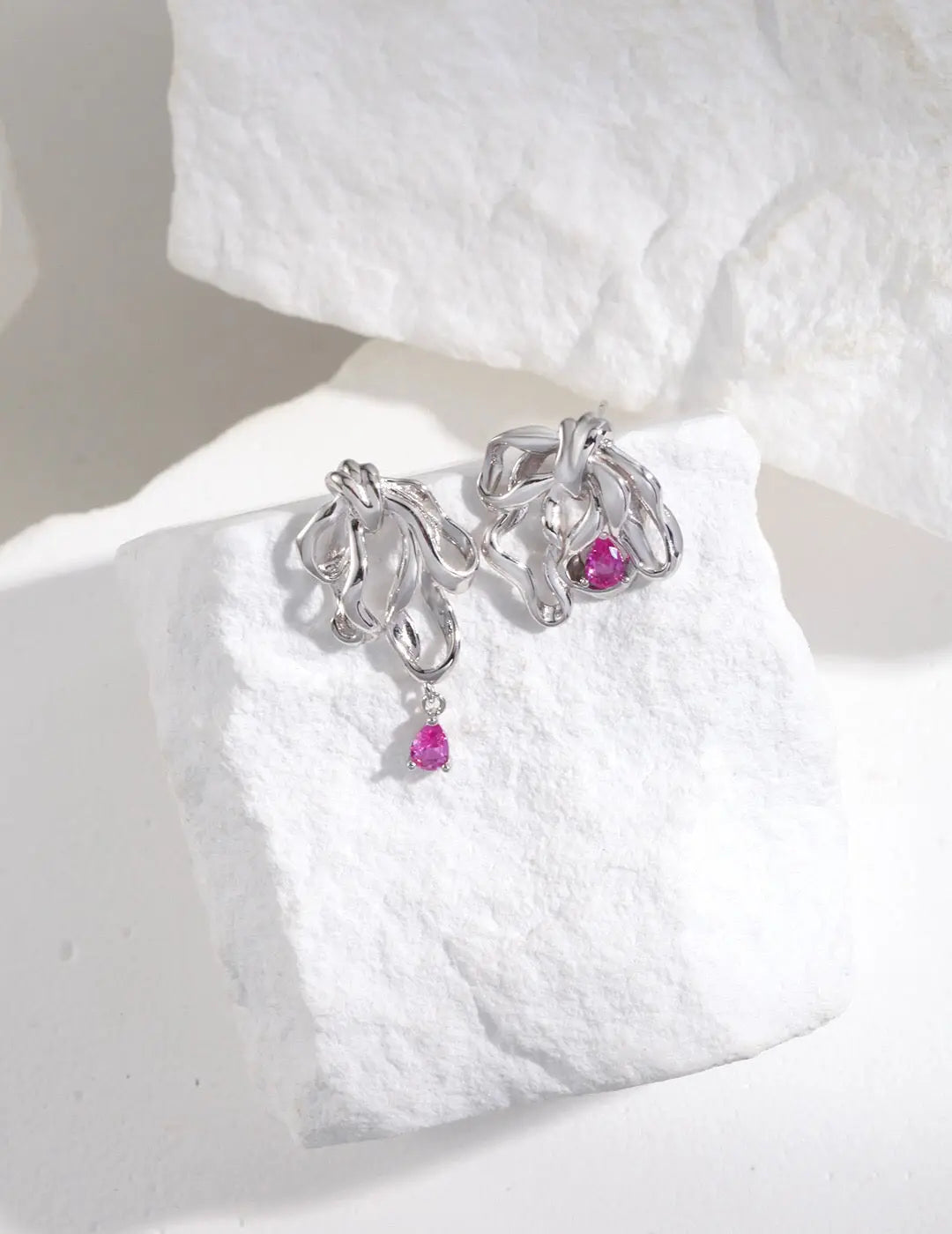 Asymmetrical Ribbon Zircon Earrings-3