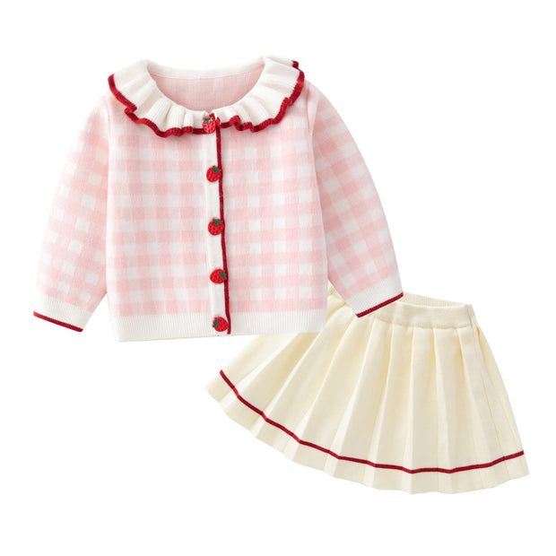 Autumn New 1-3 Years Old Baby Girl  Plaid Cotton Knitted Cardigan Beige Skirt Suit - Memoriex 