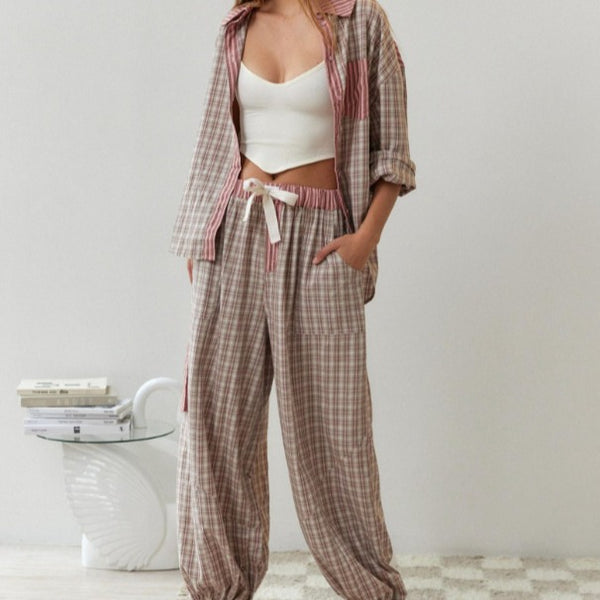 Women's Check Pyjama Set, Button-Front Long Sleeve Shirt and Trousers...