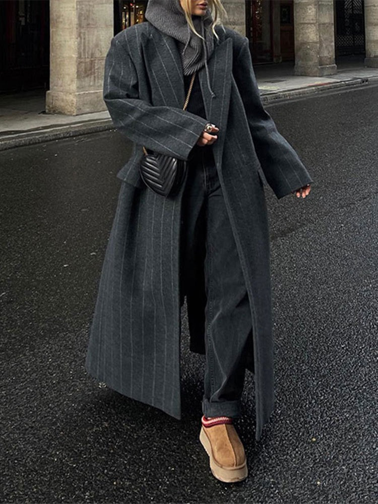 Collar striped long jacket coat fashionable jacket - Memoriex 