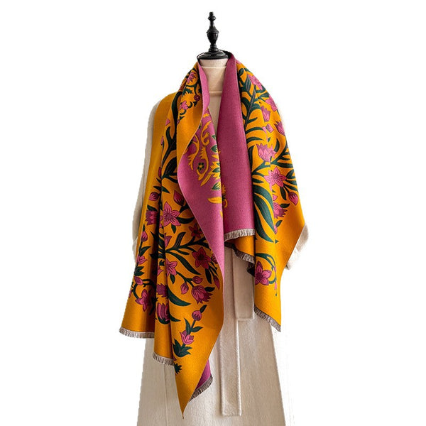 Vintage Floral Faux Cashmere Wrap — Thick Warm Scarf Shawl for Women, 185 × 65 cm