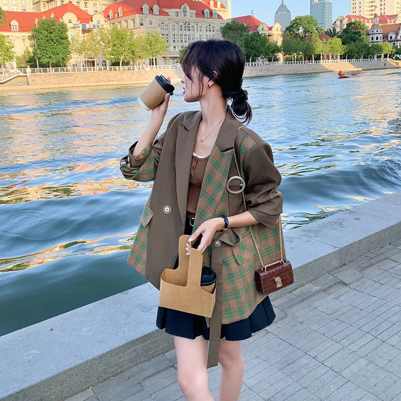 Unique and fashionable design with grid pattern splicing small suit jacket for women's petite suits