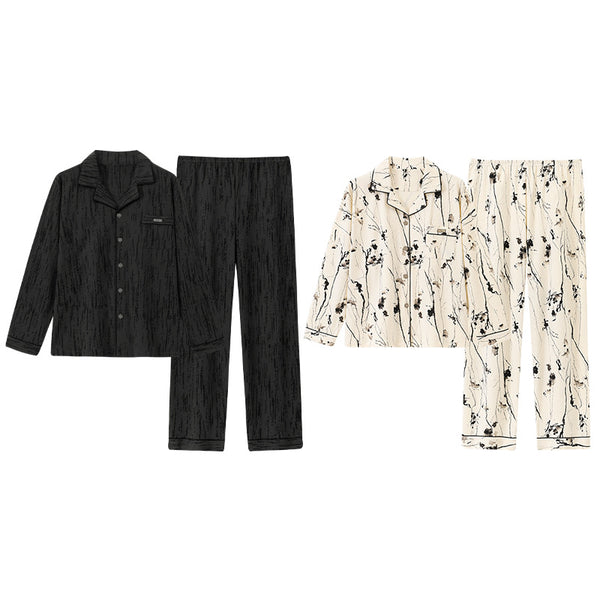 Matching Couples Stretch Pyjama Set, Collared Long Sleeve Top and Trousers, His and Hers All-Season Loungewear