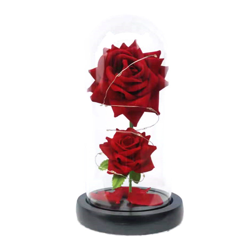 Christmas Valentine's Day Birthday Gift Two Roses Glass Cover Ornament LED Light Simulation Immortal Flower