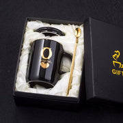 400ml Creative Gold Finger Printing Black Ceramic Coffee Mug Tea Cup With Gold Handle As Gift With Lid And Spoon - Memoriex