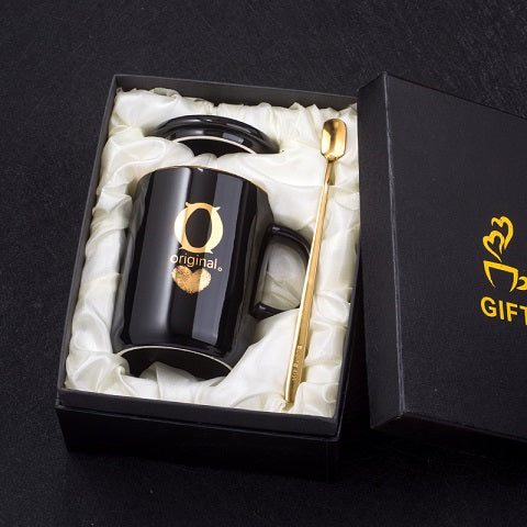 400ml Creative Gold Finger Printing Black Ceramic Coffee Mug Tea Cup With Gold Handle As Gift With Lid And Spoon - Memoriex