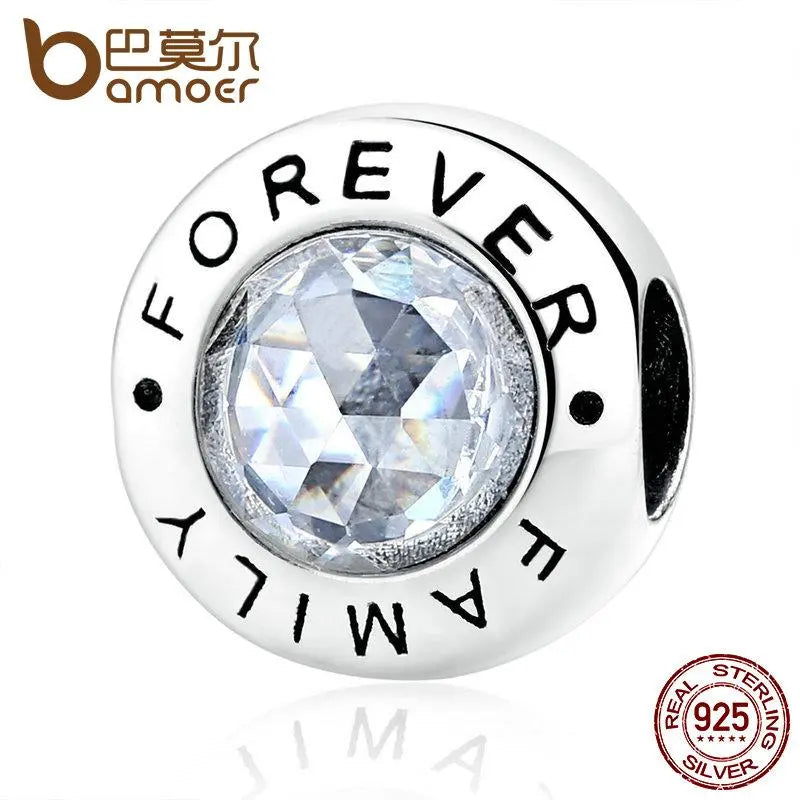 BAMOER 925 Sterling Silver Family Forever, Clear CZ Bead Fit Charm Bracelets PAS378 - Memoriex 