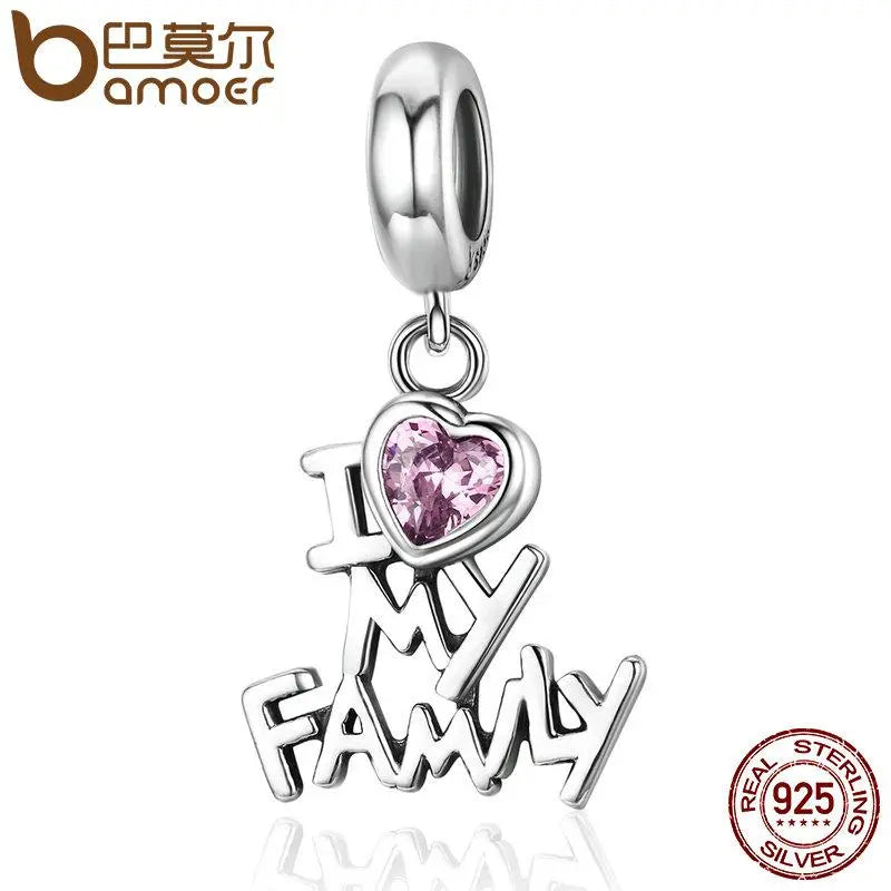 BAMOER 925 Sterling Silver I Love My Family Heart Dangle Charms fit Bracelets SCC251 - Memoriex 