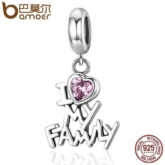 BAMOER 925 Sterling Silver I Love My Family Heart Dangle Charms fit Bracelets SCC251 - Memoriex 