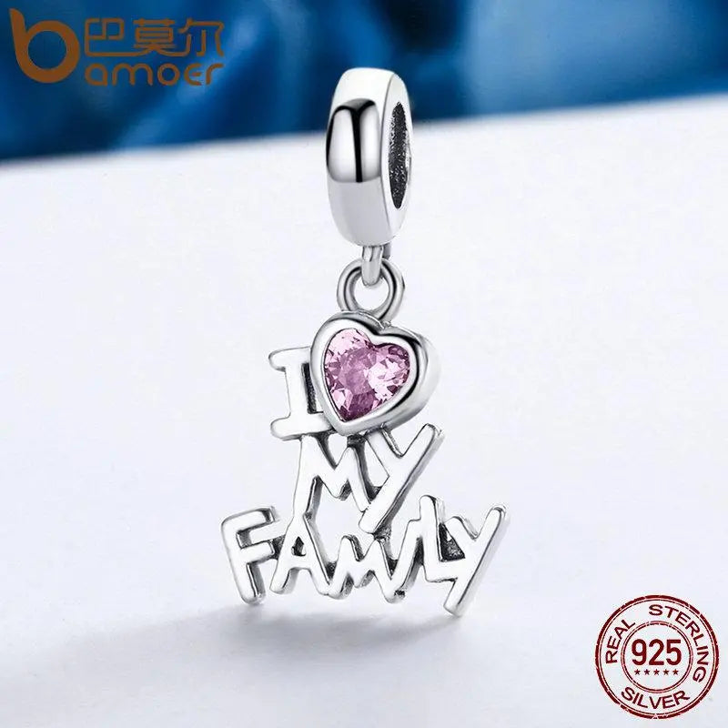 BAMOER 925 Sterling Silver I Love My Family Heart Dangle Charms fit Bracelets SCC251 - Memoriex 