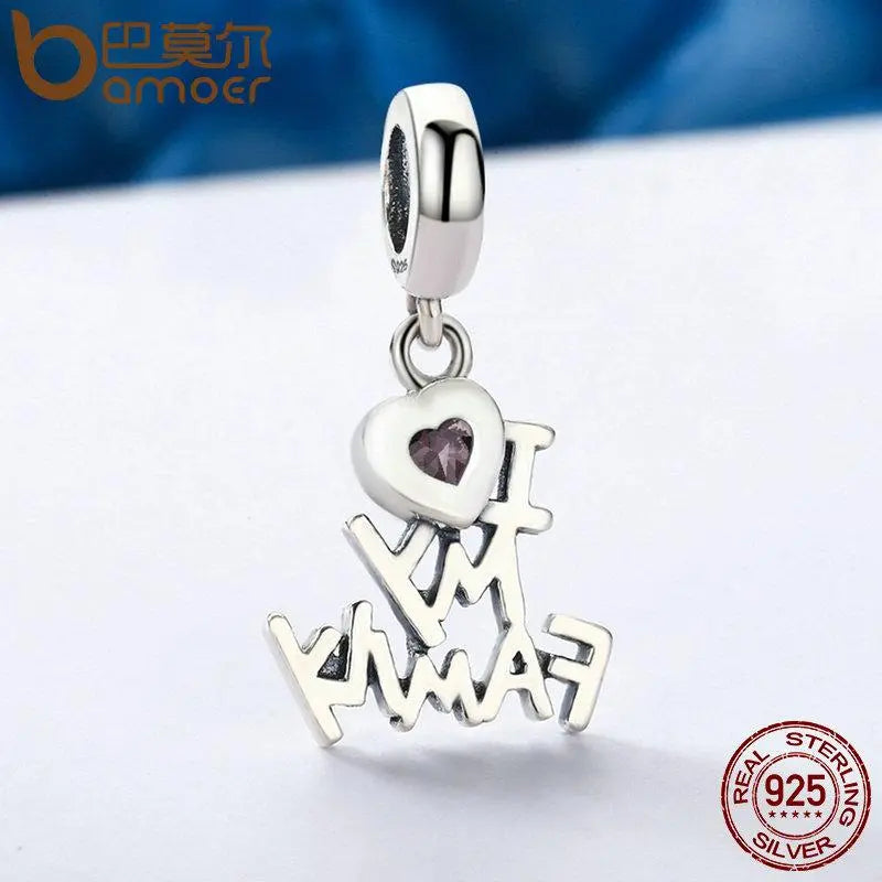 BAMOER 925 Sterling Silver I Love My Family Heart Dangle Charms fit Bracelets SCC251 - Memoriex 