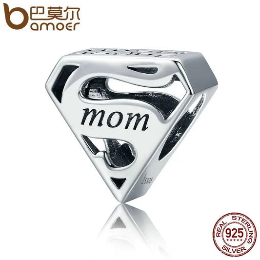 BAMOER 925 Sterling Silver Super Mom Mother Engrave Beads fit Charm Bracelets & Bangles Jewelry SCC429 - Memoriex 