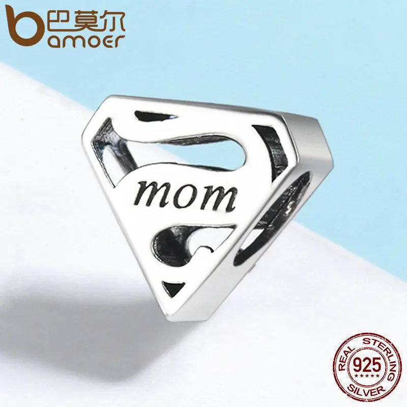 BAMOER 925 Sterling Silver Super Mom Mother Engrave Beads fit Charm Bracelets & Bangles Jewelry SCC429 - Memoriex 