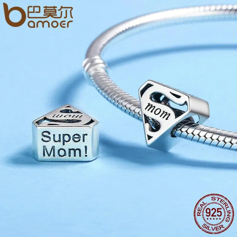 BAMOER 925 Sterling Silver Super Mom Mother Engrave Beads fit Charm Bracelets & Bangles Jewelry SCC429 - Memoriex 