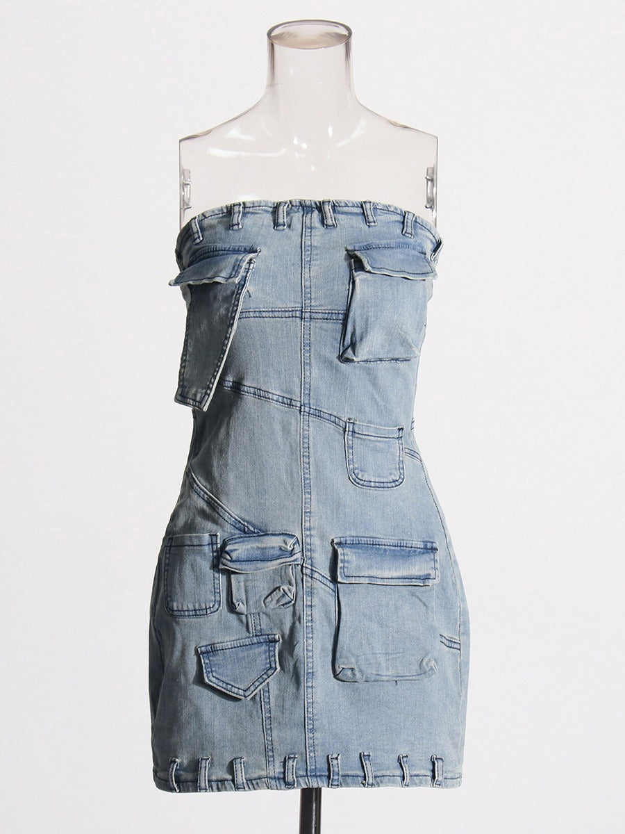 Fashionable workwear style denim strapless skirt, new patchwork pocket design, slim fit and slimming short dress for women