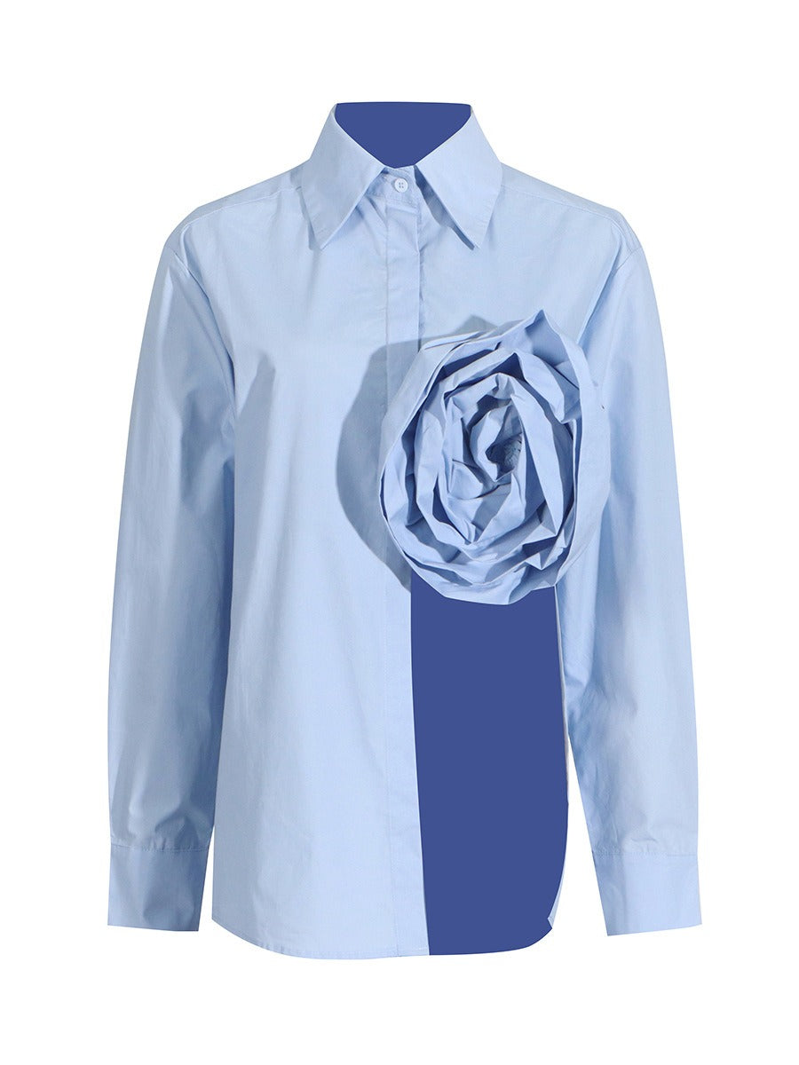 Casual style lapel flower splicing design with hollowed out slit style long sleeved top for women