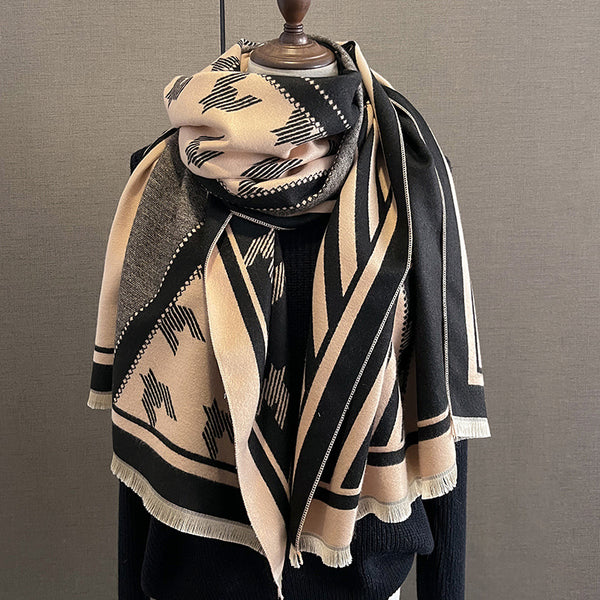 Deer Print Winter Scarf — Oversized Square Wrap Shawl with Tassels for Women