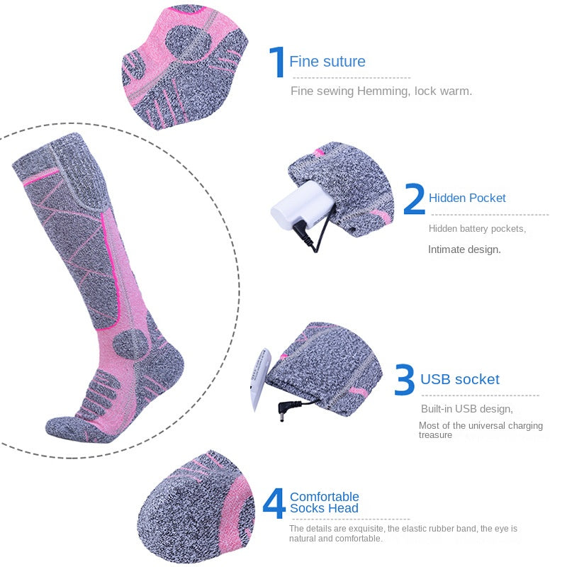 Full Foot Heat Socks Winter USB Charging Warm Heat Socks Pink Skiing Electric Heat Socks - Memoriex 