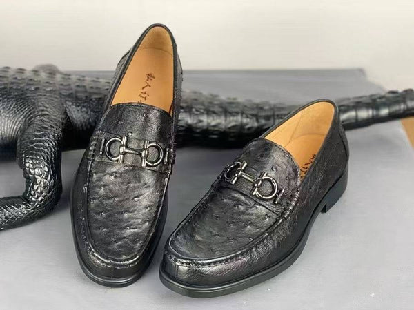 Ostrich Leather Shoes Ostrich Loafer Slip-On Shoes Black-0