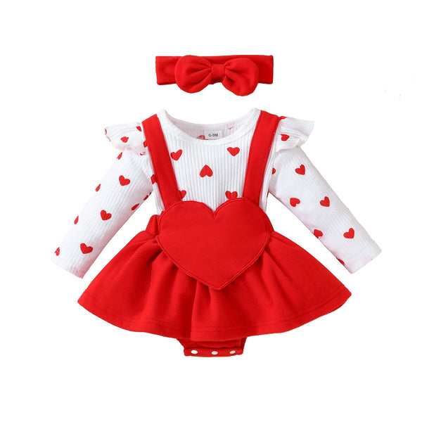 Baby Valentine's Day Long Sleeve Big Love Embroidered Fake Suspenders Triangle Sweet Romper Girl - Memoriex 