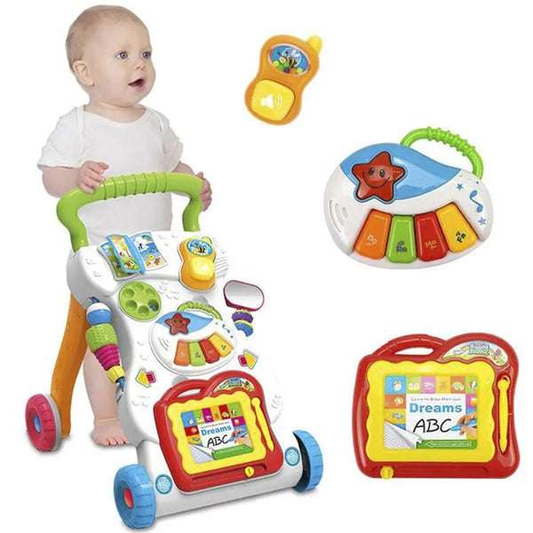 Baby Walker Musical Toddler Trolley Sit to Stand Walker for Kid's Early Learning Educational Baby First Steps Car Adjustable - Memoriex 