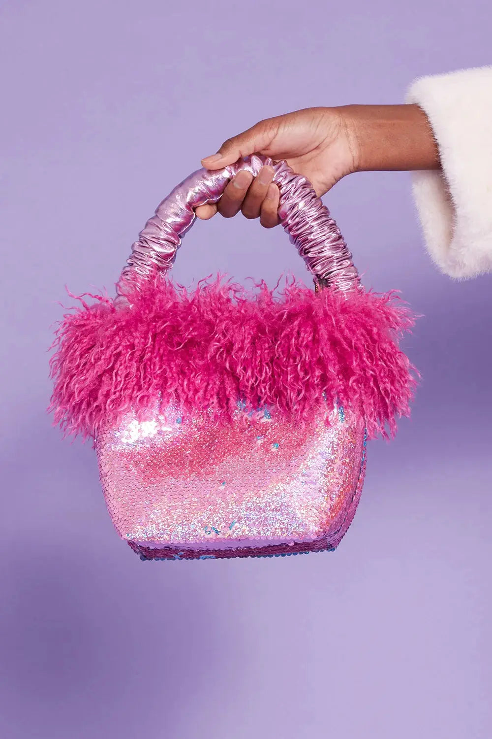 Bamboo Sequin Pink Faux Fur Bag-0