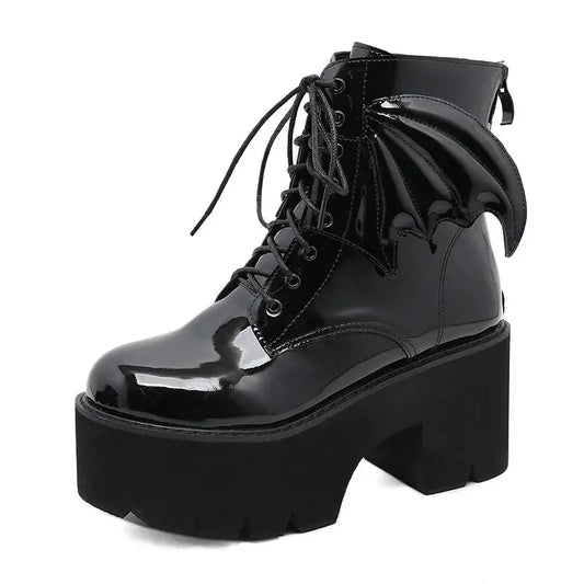 Bat Wing PVC Lace-up Ankle Platform Boot - Memoriex 