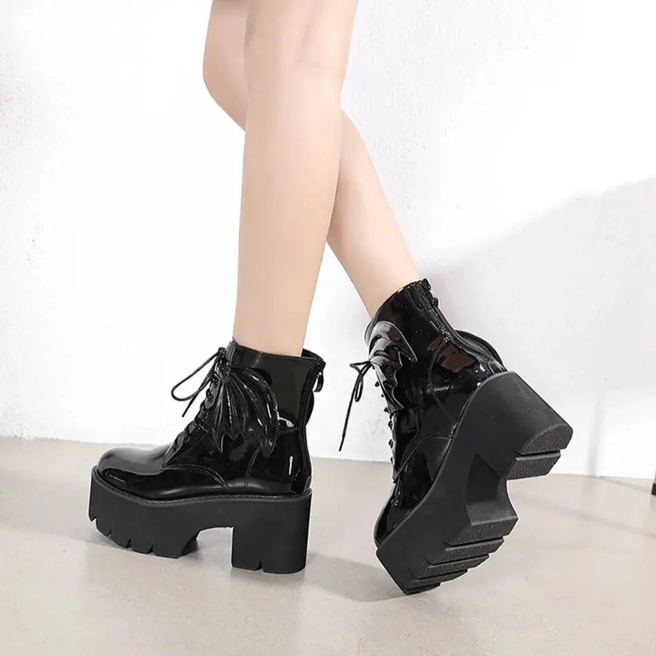 Bat Wing PVC Lace-up Ankle Platform Boot - Memoriex 