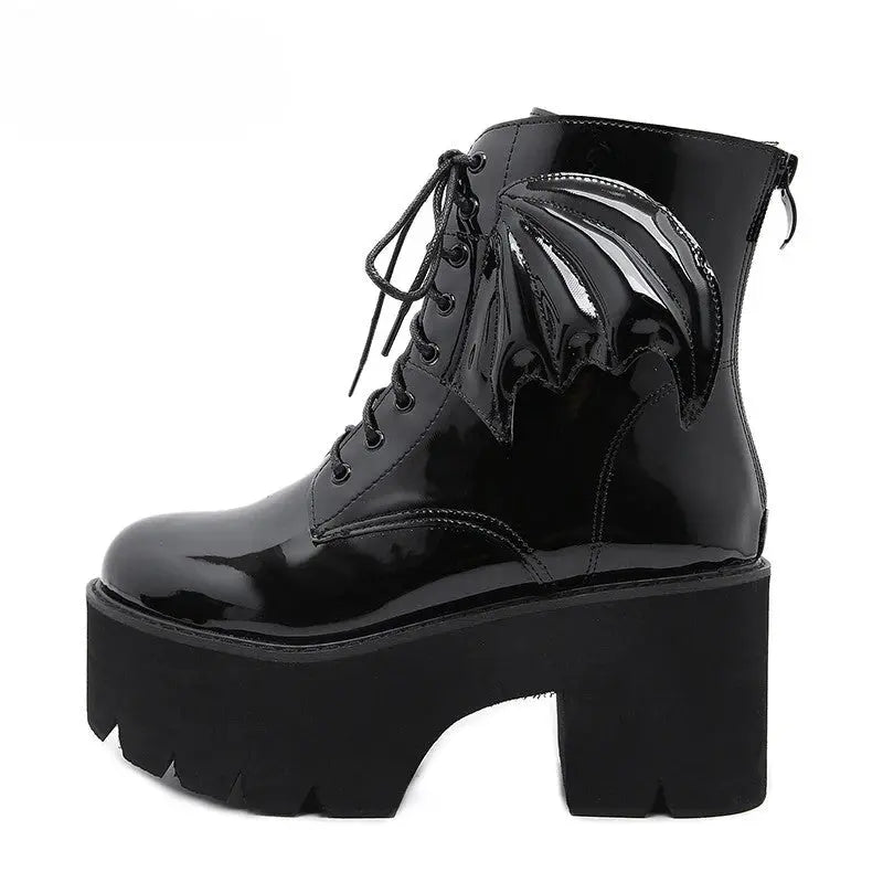 Bat Wing PVC Lace-up Ankle Platform Boot - Memoriex 