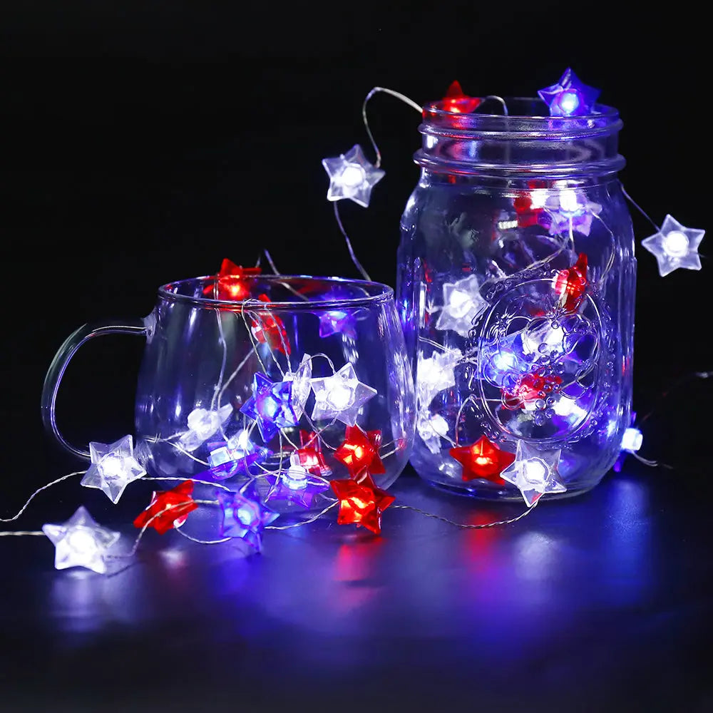 Battery Operated Red, White & Blue Star Fairy Lights-0