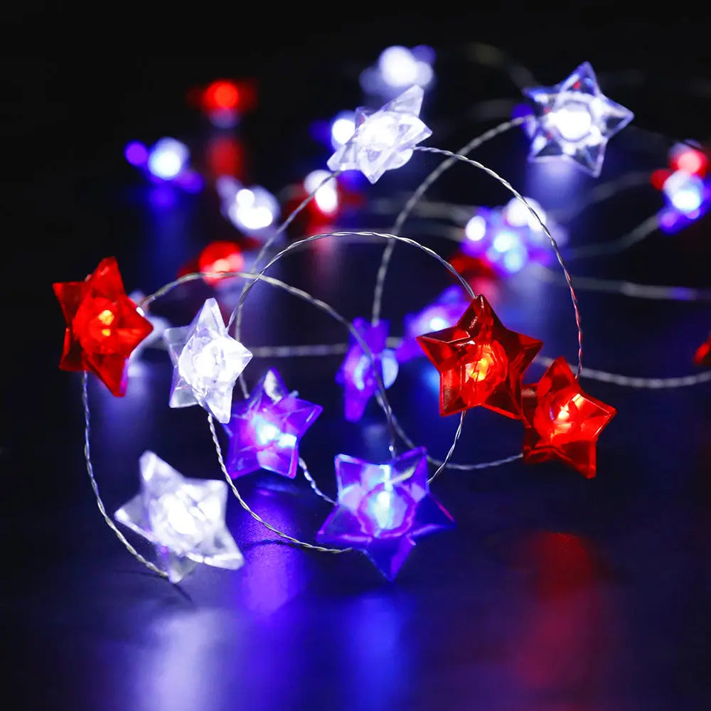 Battery Operated Red, White & Blue Star Fairy Lights-2