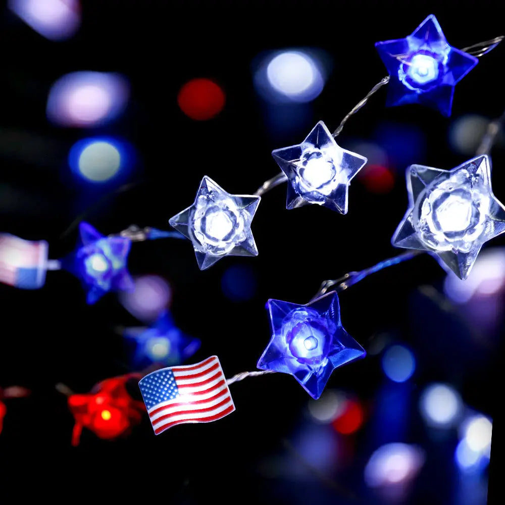 Battery Powered Red Blue White Stars American Flag String Lights-0