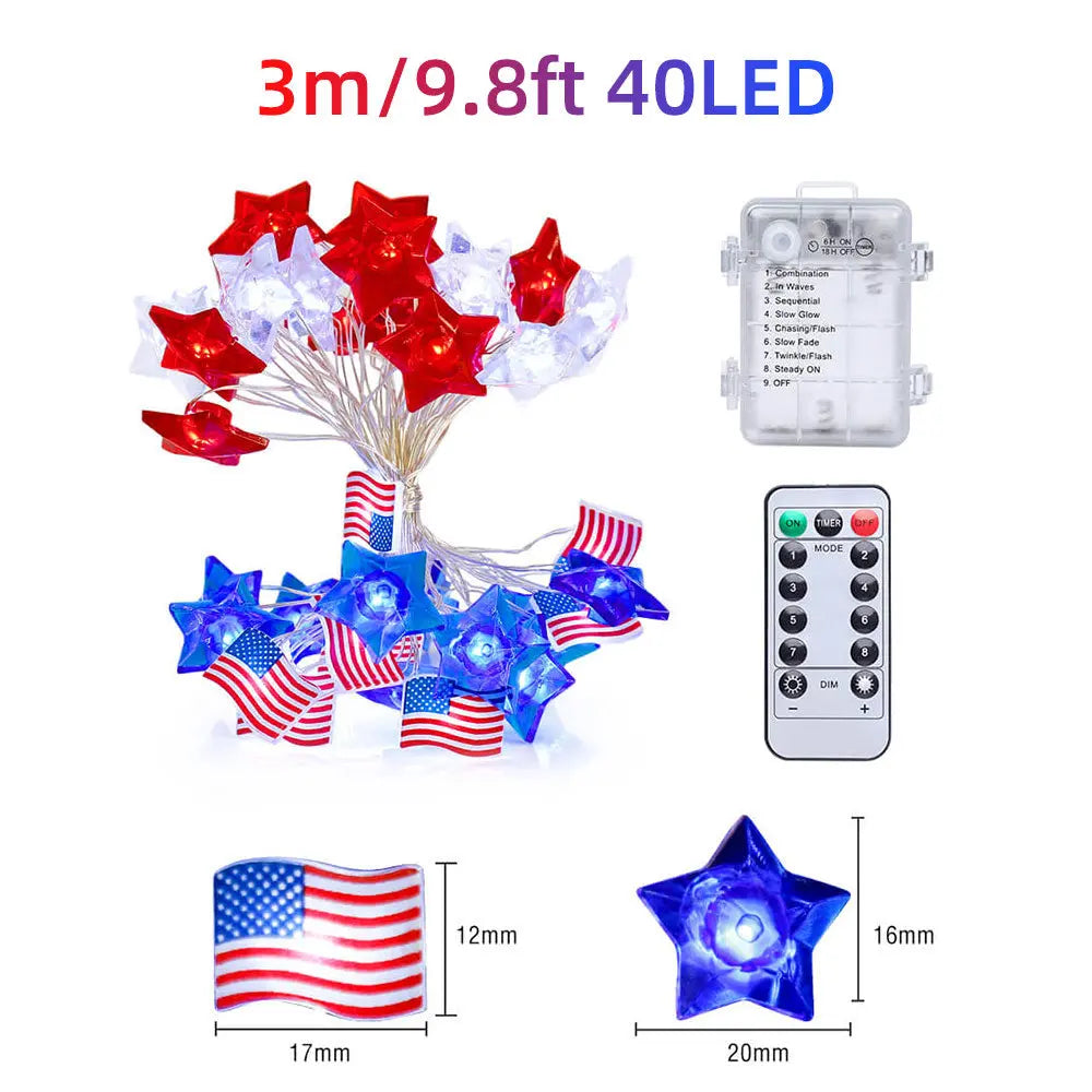 Battery Powered Red Blue White Stars American Flag String Lights-1