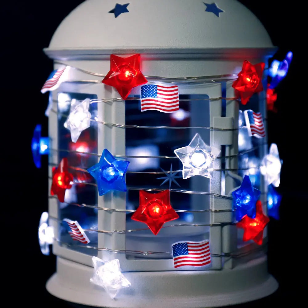 Battery Powered Red Blue White Stars American Flag String Lights-2