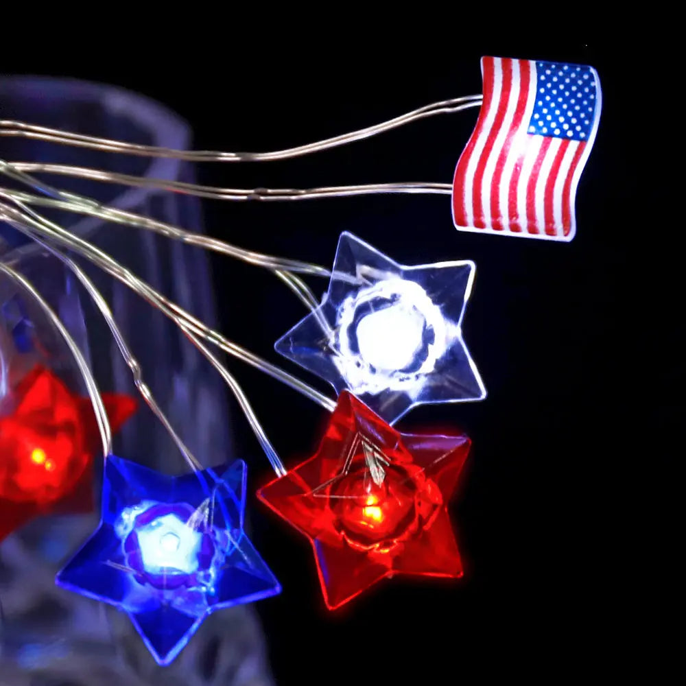 Battery Powered Red Blue White Stars American Flag String Lights-3