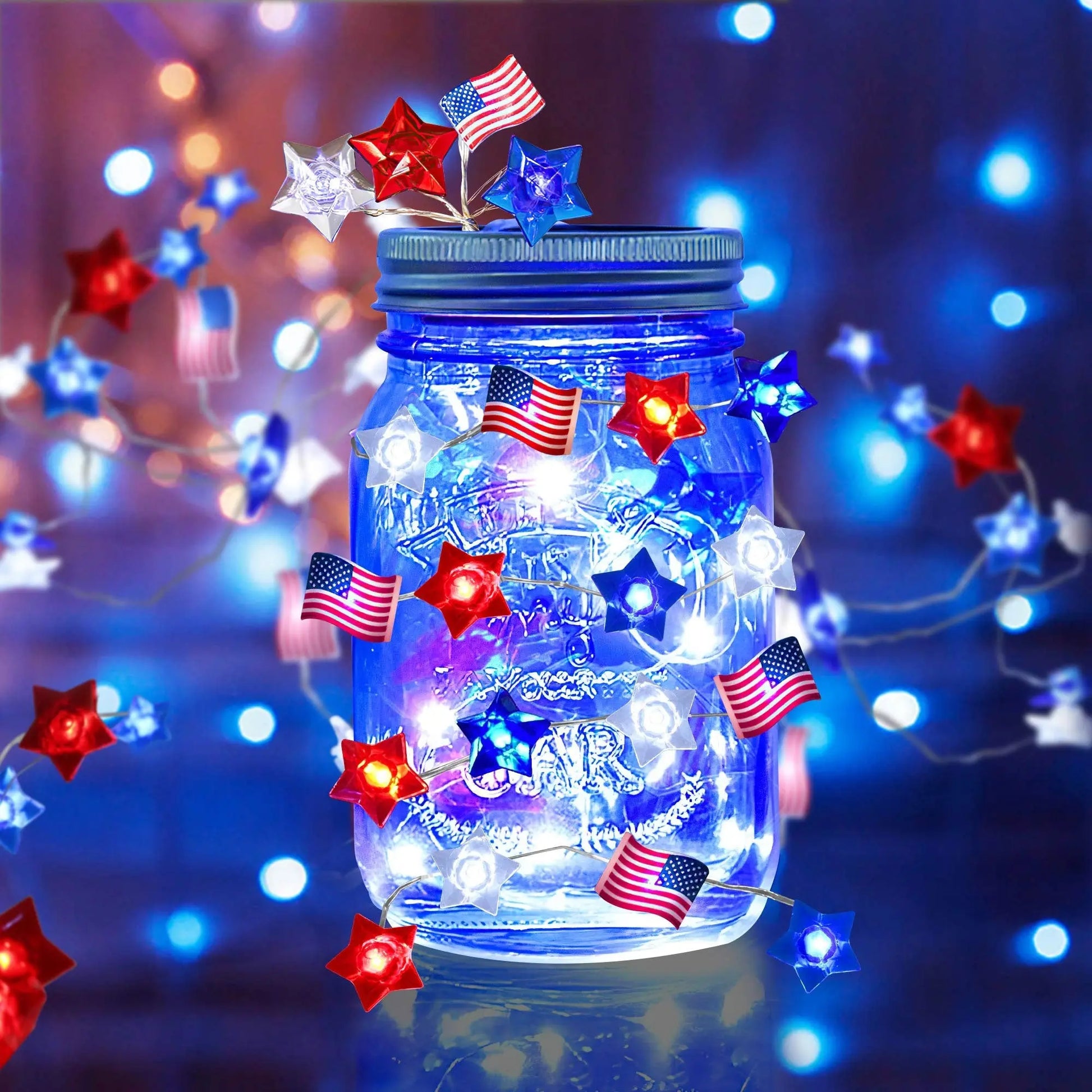 Battery Powered Red Blue White Stars American Flag String Lights-4