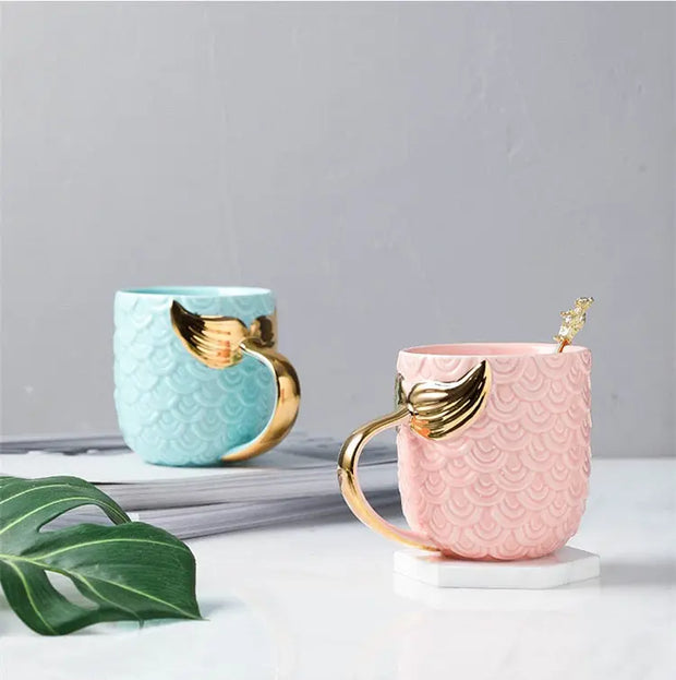 Beauty Mermaid Handle Large Capacity Tea Milk Cups And Mugs Pearl Glaze Gold Coffee Mug Drinkware 420ML - Memoriex 