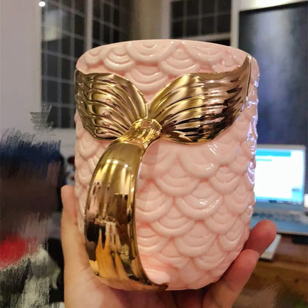 Beauty Mermaid Handle Large Capacity Tea Milk Cups And Mugs Pearl Glaze Gold Coffee Mug Drinkware 420ML - Memoriex 