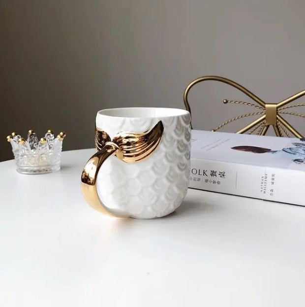 Beauty Mermaid Handle Large Capacity Tea Milk Cups And Mugs Pearl Glaze Gold Coffee Mug Drinkware 420ML - Memoriex 