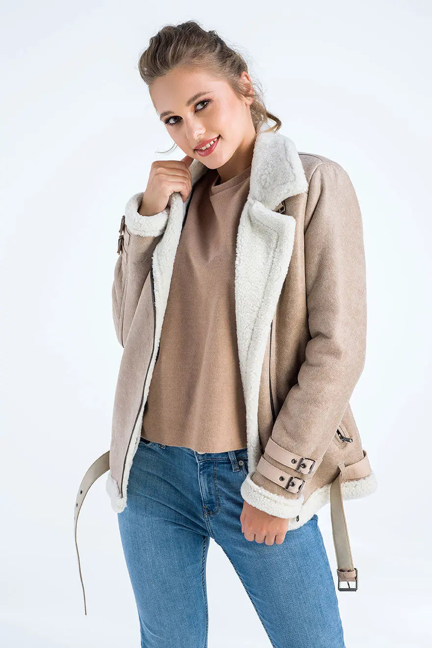 Beige Biker Bomber Sheepskin Jacket with Cream Shearling Fur-2