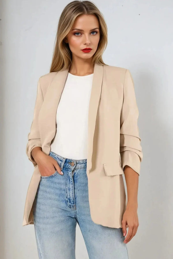 Beige Blazer with Ruched Sleeves-0