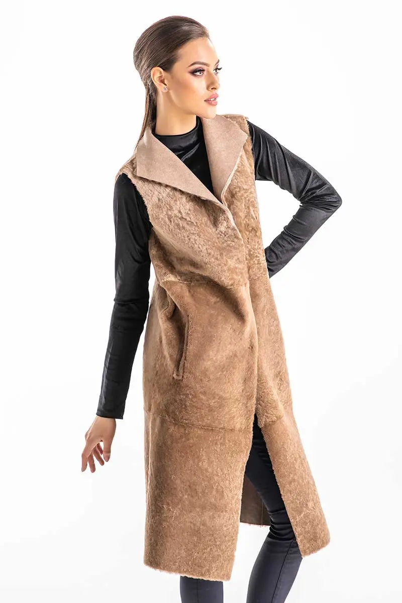 Beige Double Face Geniune Nappa Lamb Leather Mouton Long Fur Vest-2