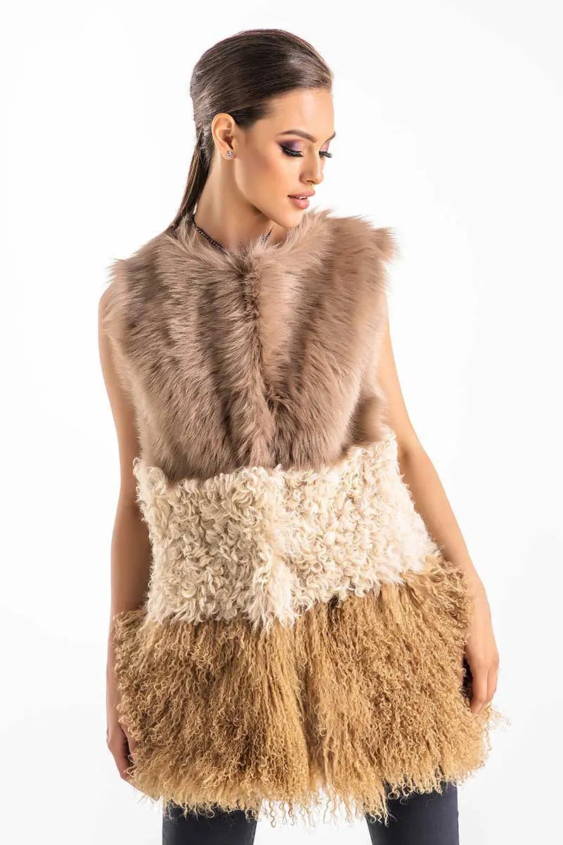 Beige Geniune Sheepskin Fur Vest-0