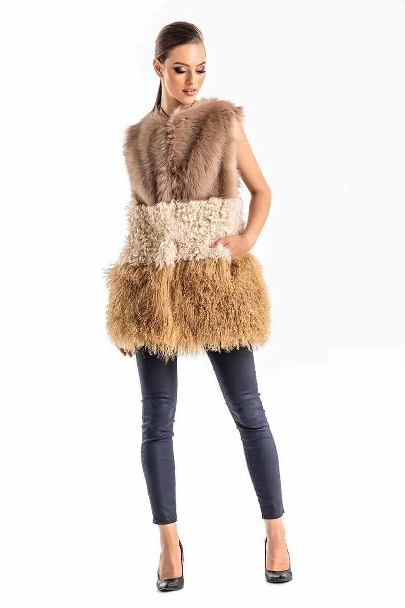 Beige Geniune Sheepskin Fur Vest-2