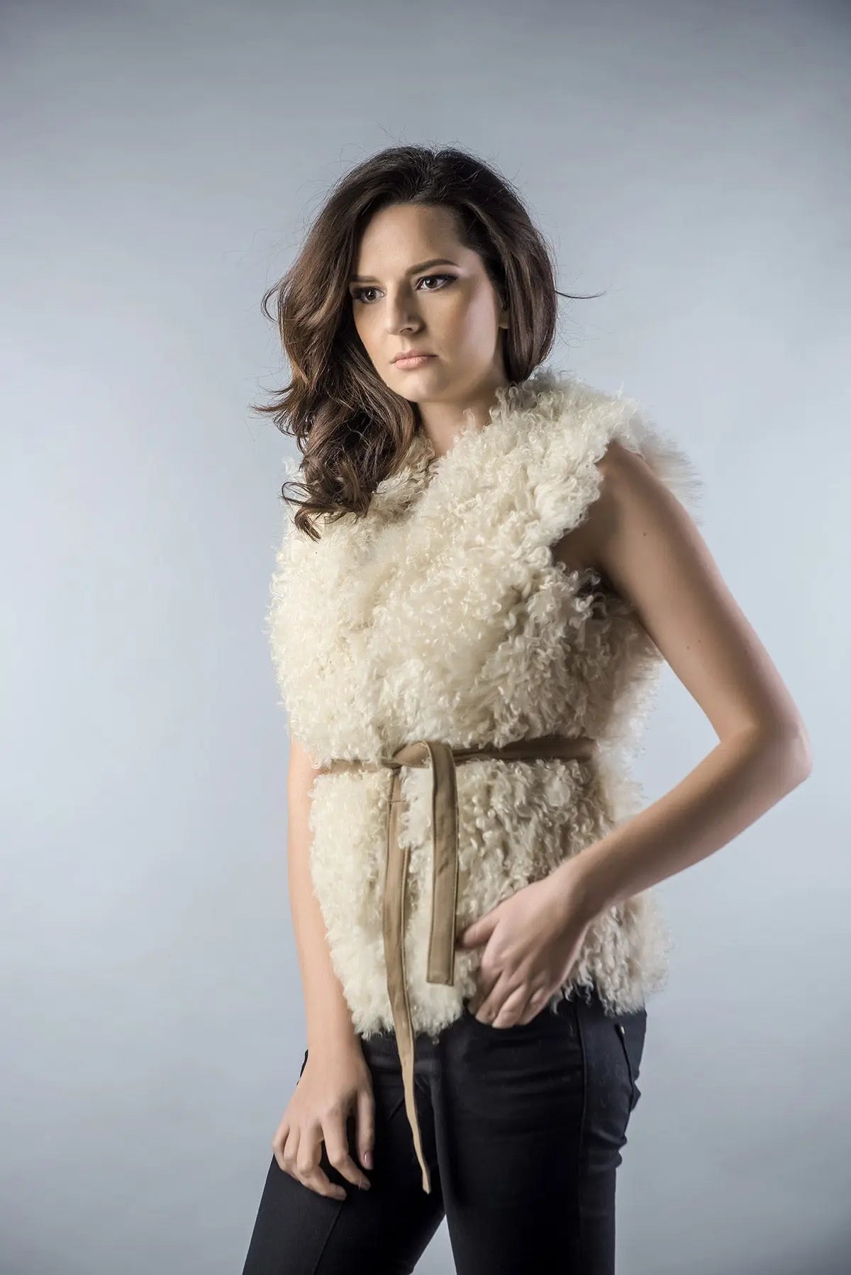 Beige Genuine Merino Shearling Vest-2